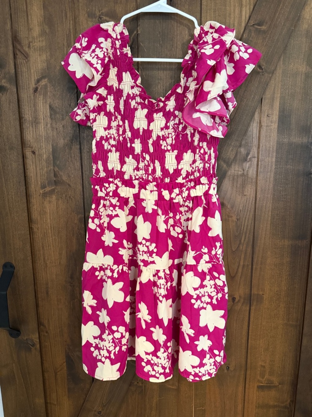 Umgee Fuchsia and Cream Floral Ruffle Sleeve Dress